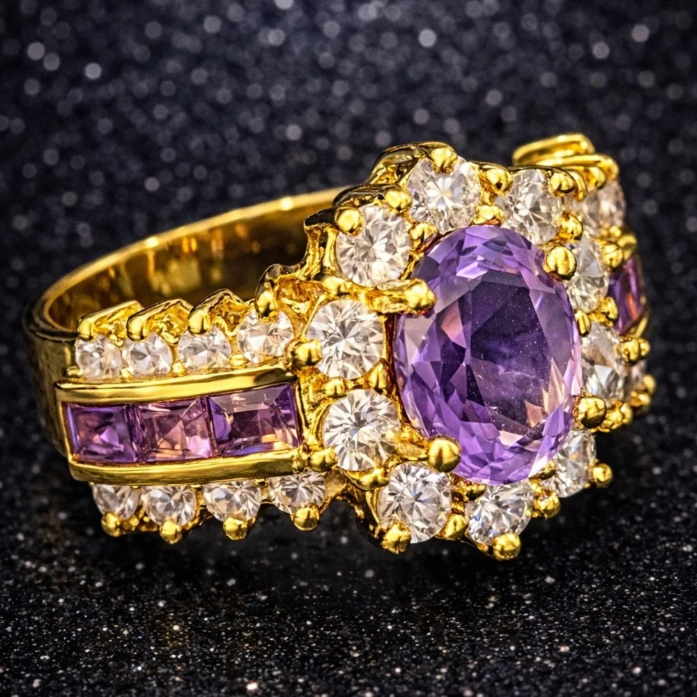 Suzanne Somers vintage amethyst oval round princess cut CZ cocktail ring gold